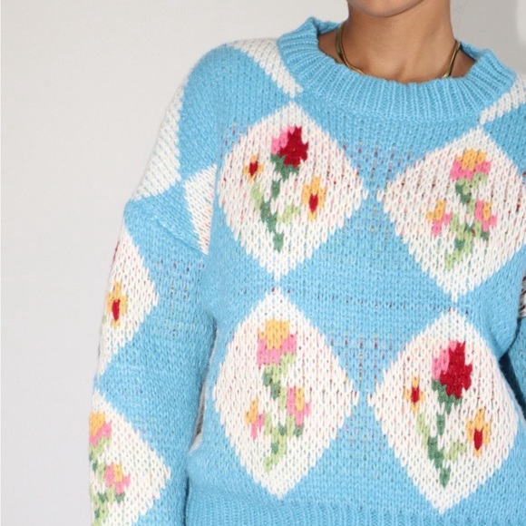 Bailey Rose light pastel blue floral oversized checkered knit sweater size small - Picture 3 of 3